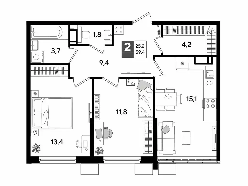 2-комнатная квартира: Краснодар, микрорайон Догма Парк (59.4 м) - Фото 1