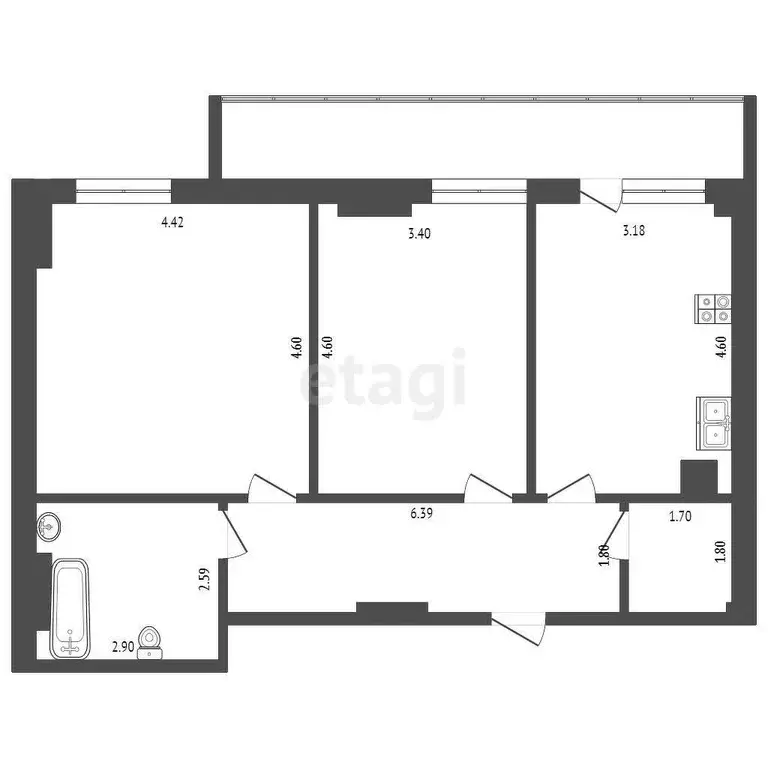 Квартира, 2 комнаты, 69.7 м - Фото 0