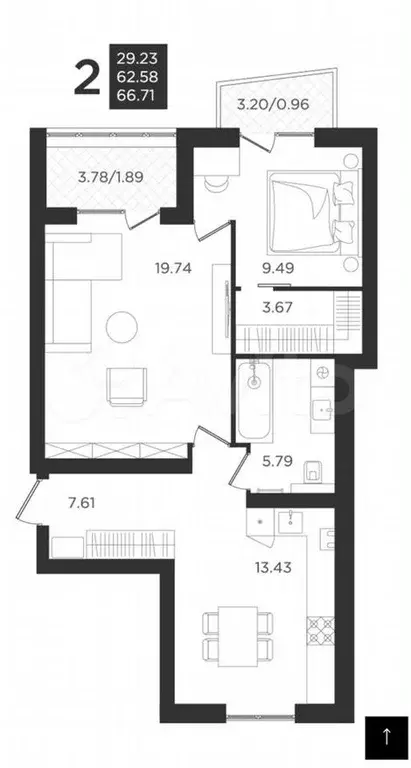 2-к. квартира, 62,6м, 4/4эт. - Фото 1