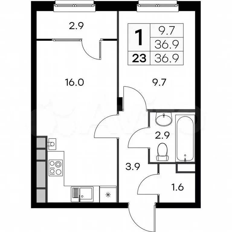 1-к. квартира, 36,9 м, 3/4 эт. - Фото 0