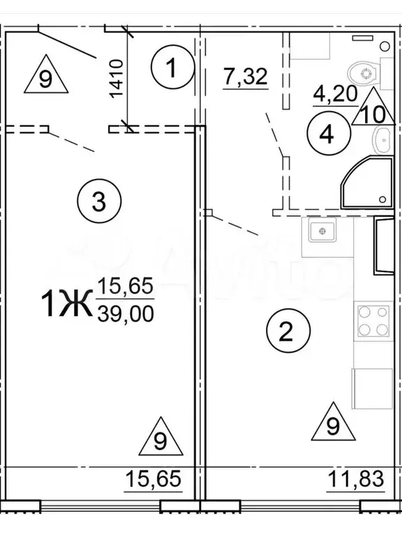 1-к. квартира, 39 м, 1/4 эт. - Фото 0