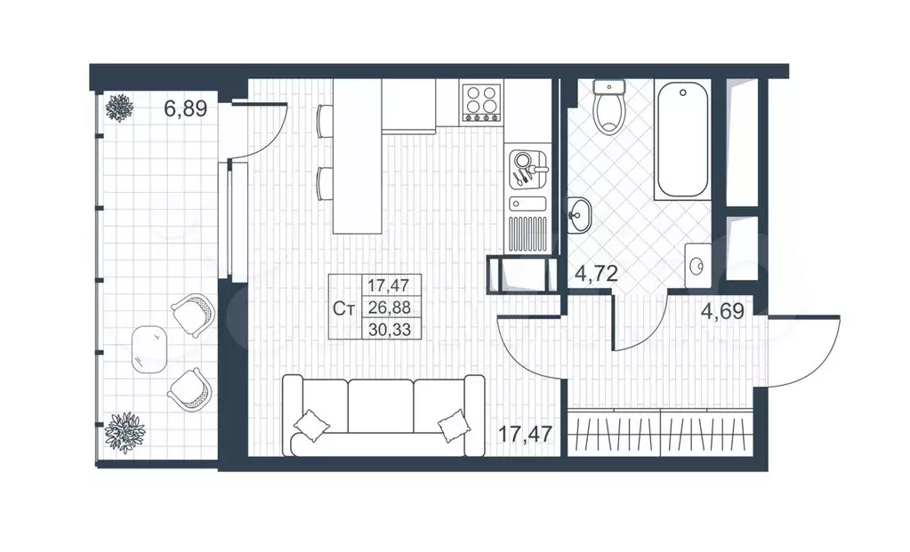 Квартира-студия, 27,1 м, 9/9 эт. - Фото 0