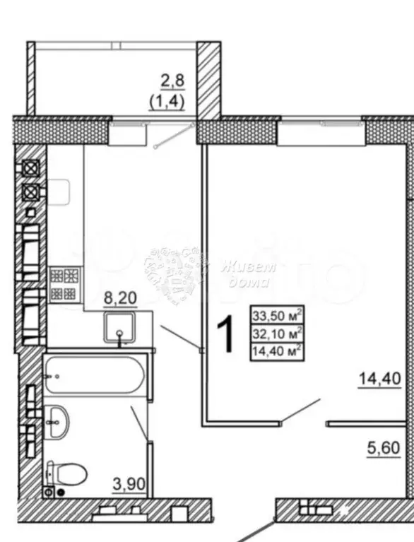 1-к. квартира, 34,4 м, 3/5 эт. - Фото 0