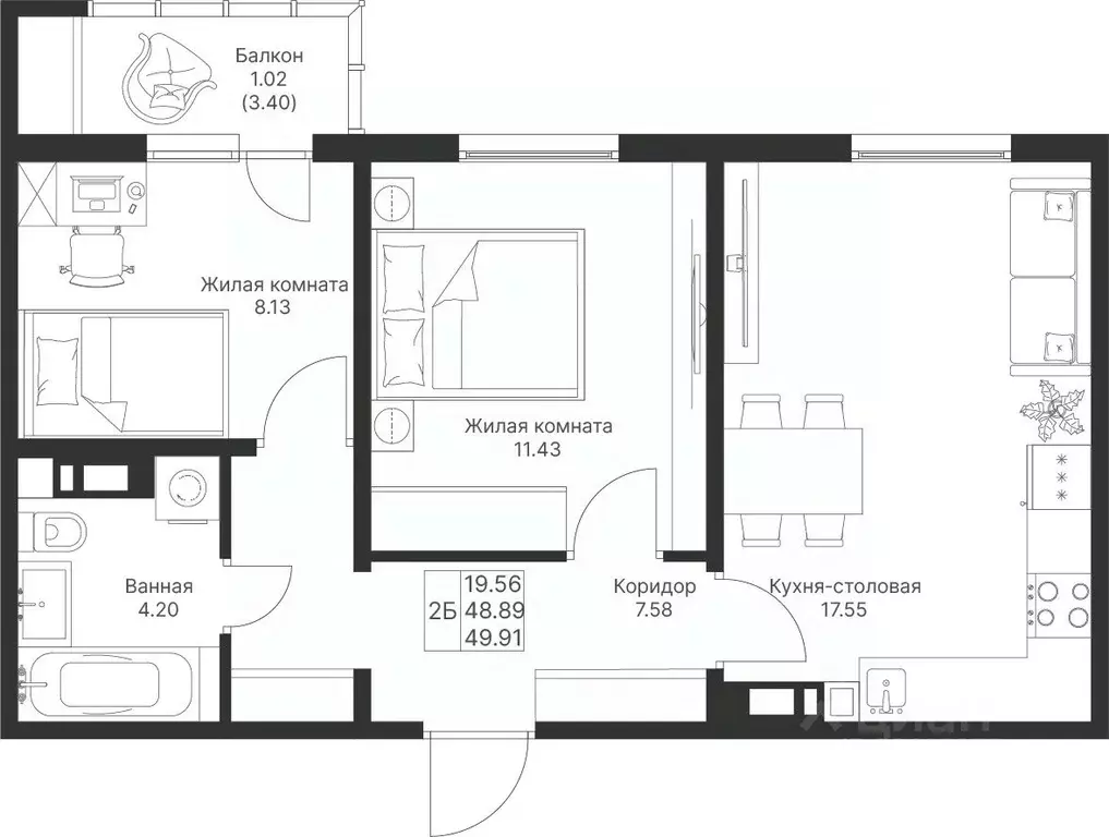 2-к кв. Татарстан, Лаишевский район, Столбищенское с/пос, с. Усады  ... - Фото 1