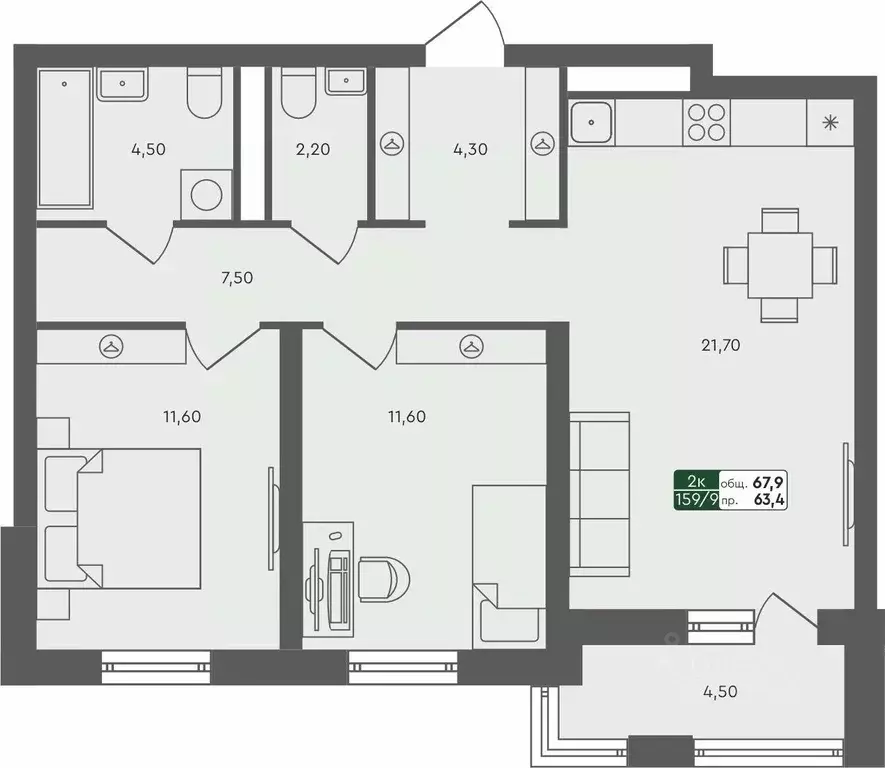 2-к кв. Тюменская область, Тюмень Ритмы жилой комплекс (67.9 м) - Фото 1