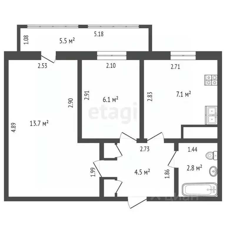 2-к кв. Ханты-Мансийский АО, Нягань 1-й мкр, 4 (34.8 м) - Фото 1