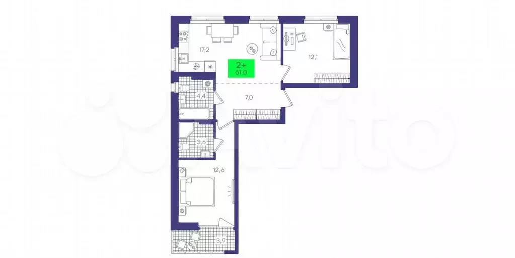 2-к. квартира, 61 м, 9/9 эт. - Фото 1