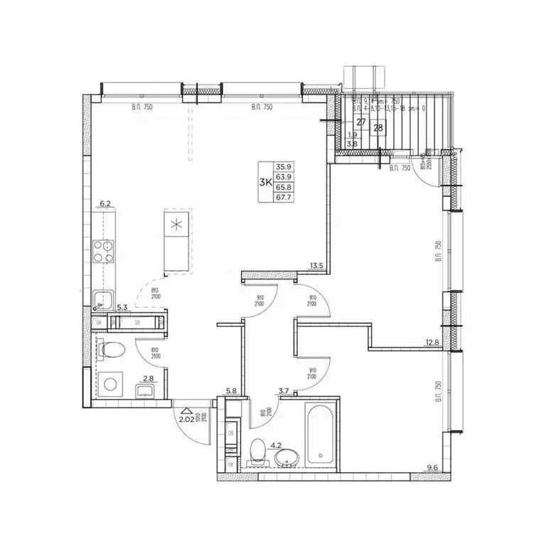 3-к кв. Приморский край, Владивосток ул. Расула Гамзатова, 7к1 (67.7 ... - Фото 2