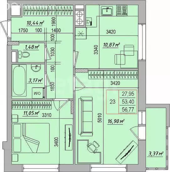 2-комнатная квартира: Белгород, Беловская улица, 12к1 (56.77 м) - Фото 0