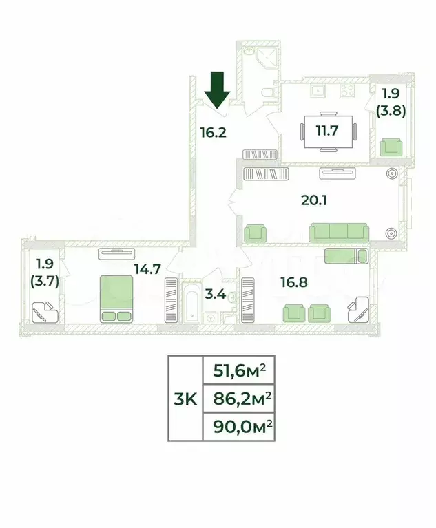 3-к. квартира, 90 м, 11/18 эт. - Фото 0