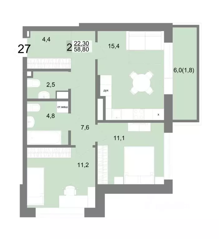 2-к кв. Свердловская область, Екатеринбург ул. Семена Лагоды, 80 (58.8 ... - Фото 1