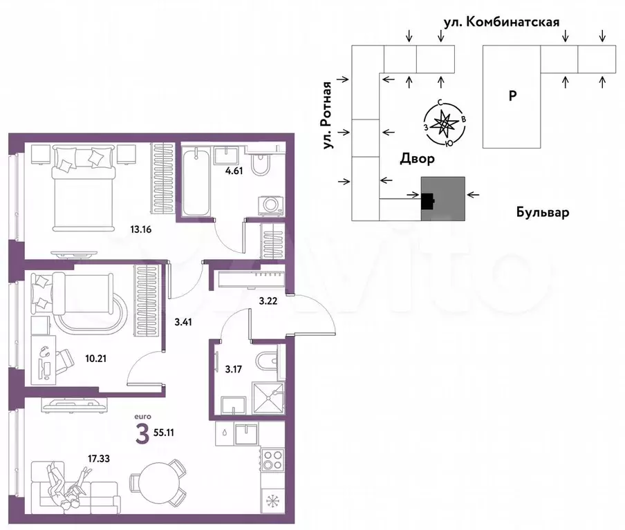 3-к. квартира, 55,1 м, 13/21 эт. - Фото 0