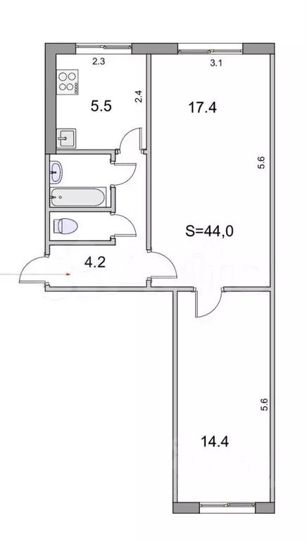 2-к. квартира, 42 м, 1/5 эт. - Фото 1