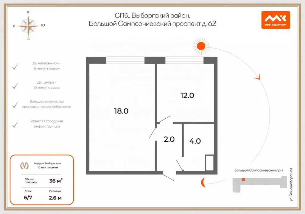1-к кв. Санкт-Петербург Большой Сампсониевский просп., 62 (36.0 м) - Фото 2