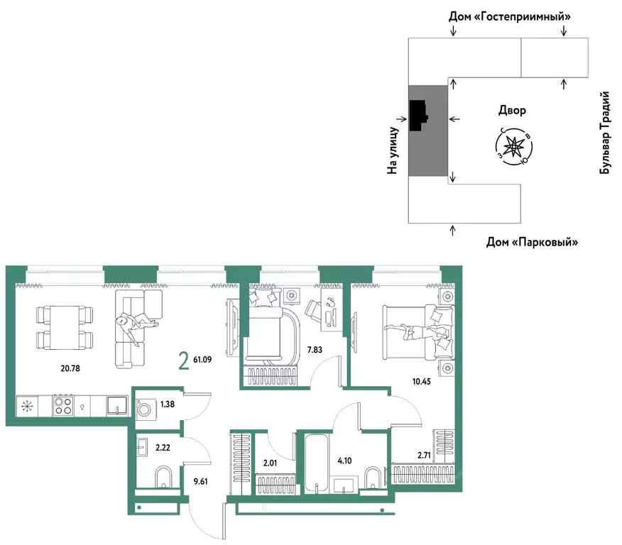 3-к кв. Тюменская область, Тюмень ул. Новоселов, 100 (61.09 м) - Фото 1