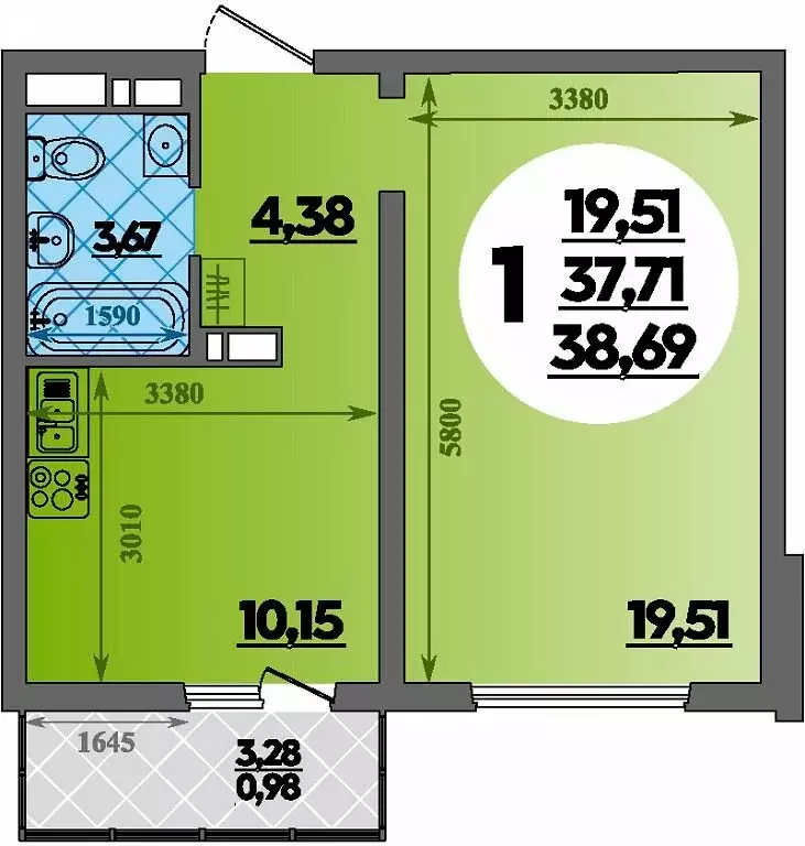 1-комнатная квартира: Республика Адыгея (Адыгея), Майкоп (38.69 м) - Фото 1
