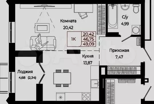 1-к. квартира, 49,1 м, 6/8 эт. - Фото 1
