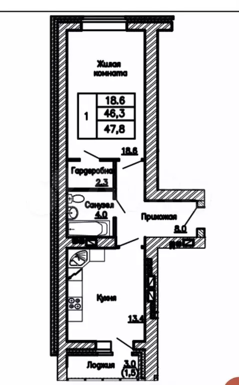 1-к. квартира, 47,8 м, 13/16 эт. - Фото 0