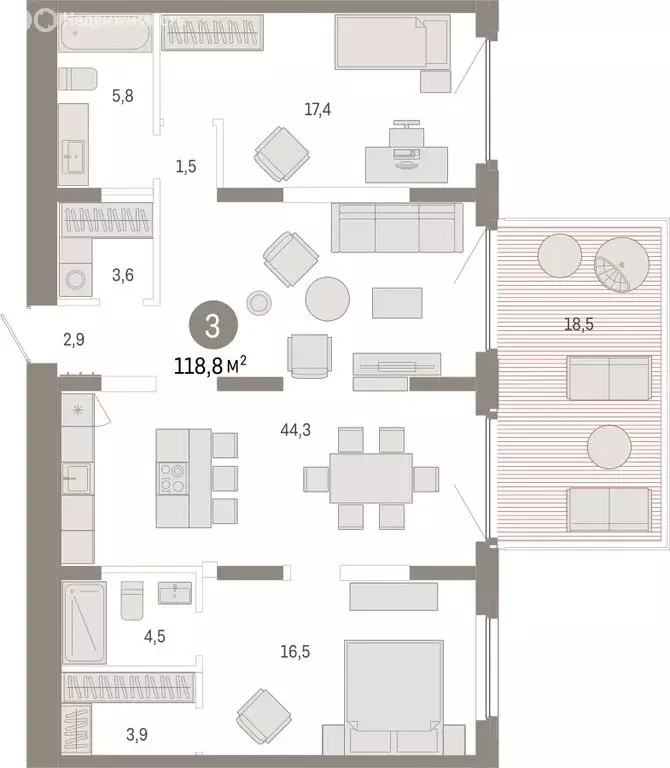 3-комнатная квартира: Тюмень, Мысовская улица, 26к2 (118.78 м) - Фото 1