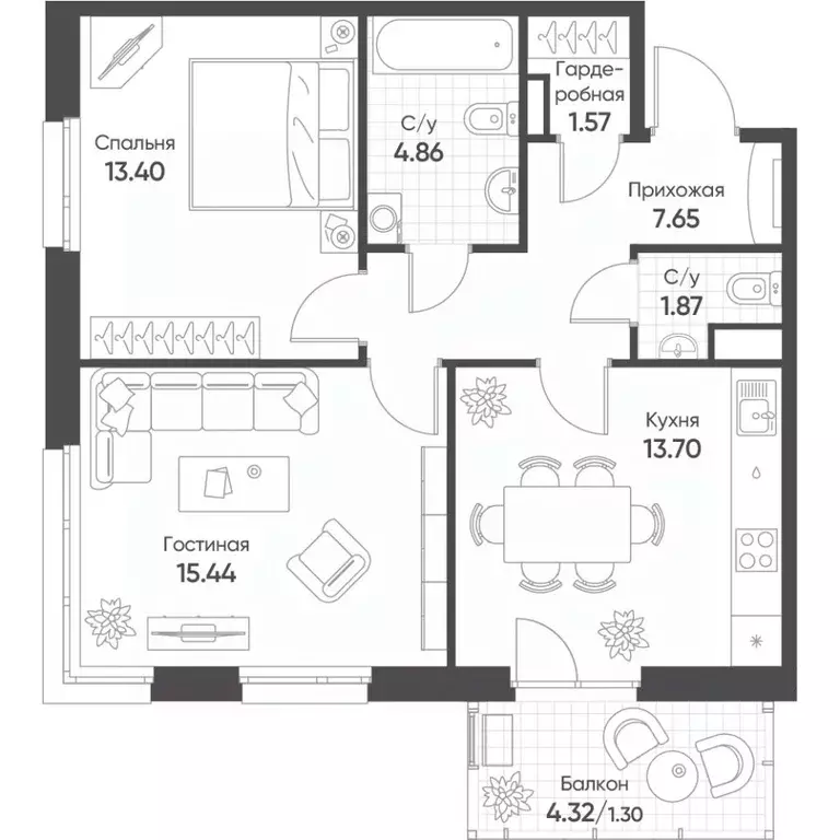 2-к кв. Татарстан, Казань Счастье в Казани жилой комплекс (59.8 м) - Фото 1