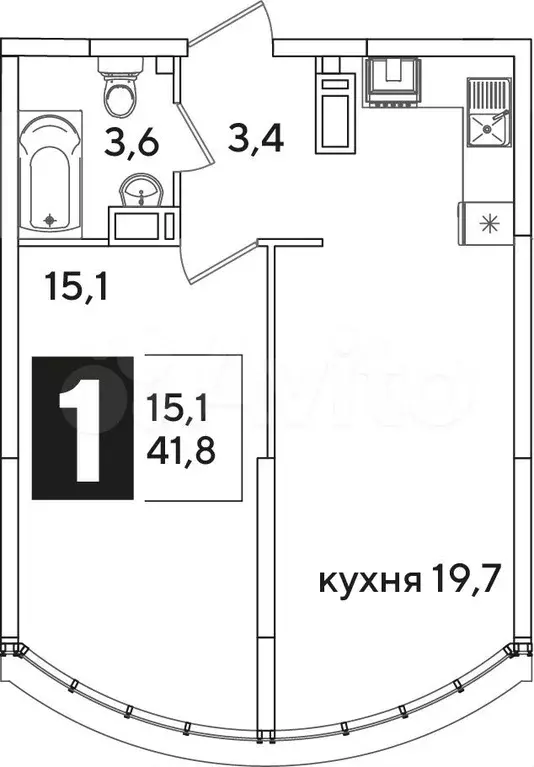 1-к. квартира, 41,8 м, 16/16 эт. - Фото 0