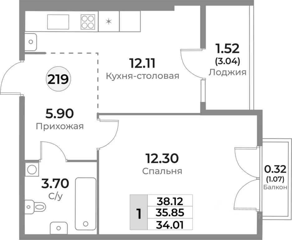 1-к кв. Калининградская область, Калининград Пригородная ул. (35.85 м) - Фото 0