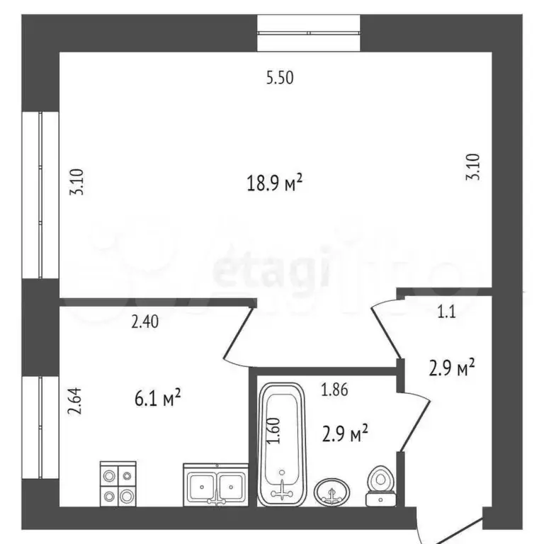 1-к. квартира, 31,7 м, 1/5 эт. - Фото 0