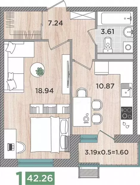 1-к. квартира, 42,3м, 7/8эт. - Фото 1