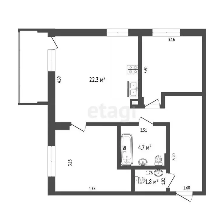 2-комнатная квартира: Тюмень, улица Парада Победы, 17 (61 м) - Фото 1