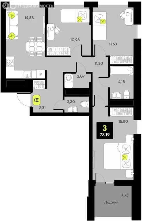 3-комнатная квартира: Тюмень, улица Андрея Приказнова, 7 (78.19 м) - Фото 0