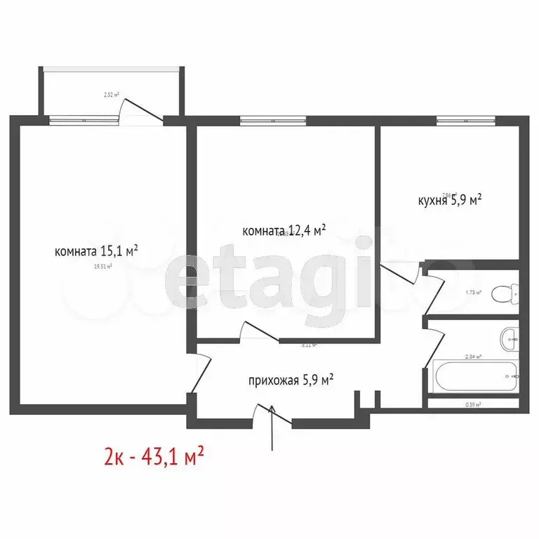 2-к. квартира, 43,4 м, 5/5 эт. - Фото 0