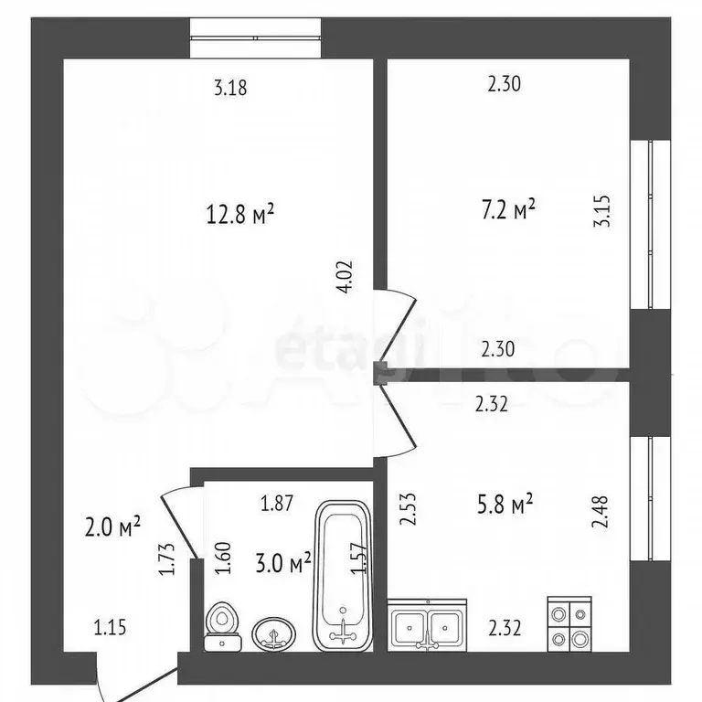 2-к. квартира, 31,1 м, 3/5 эт. - Фото 0