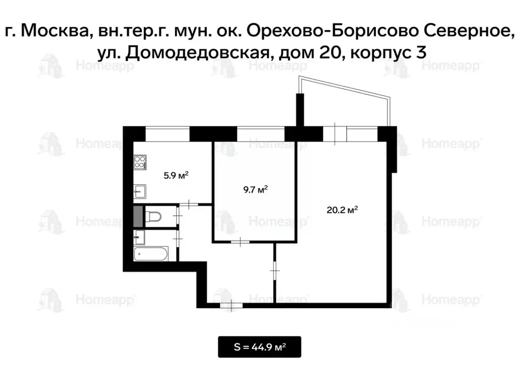 2-к кв. Москва Домодедовская ул., 20К3 (45.0 м) - Фото 1