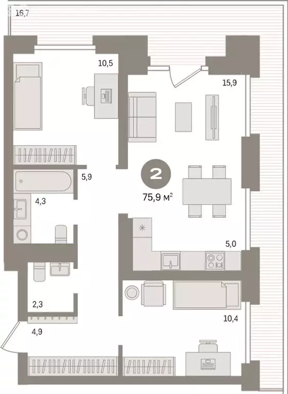2-комнатная квартира: Тюмень, Причальная улица, 9 (75.9 м) - Фото 2