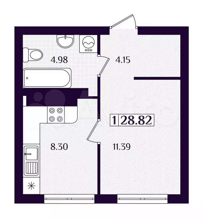 1-к. квартира, 28,8 м, 1/7 эт. - Фото 1