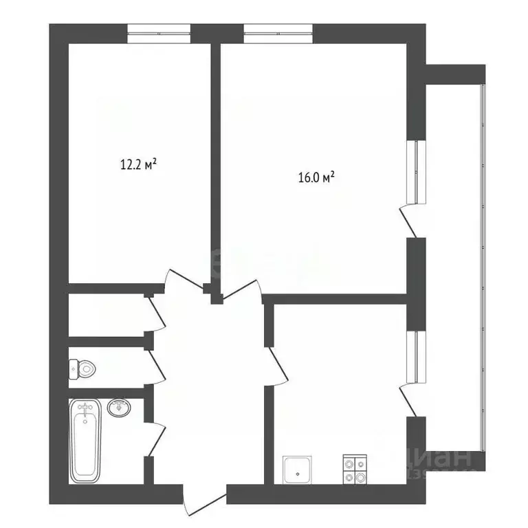 2-к кв. Тюменская область, Тюмень ул. Монтажников, 2 (47.2 м) - Фото 2