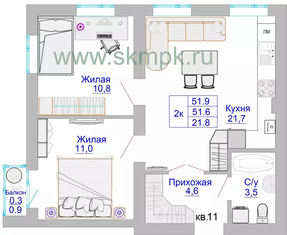 2-к кв. Калининградская область, Калининград Печатная ул., 49 (51.9 м) - Фото 0