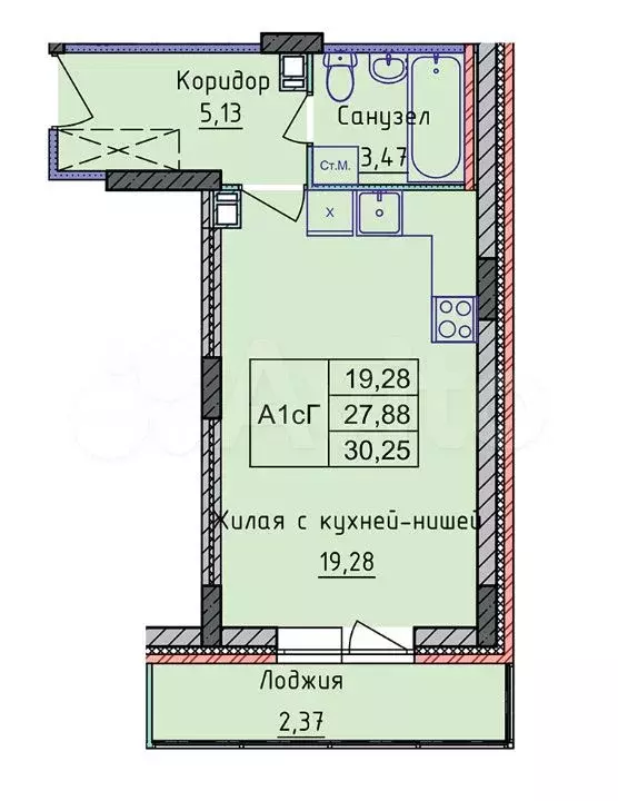 Квартира-студия, 30,3 м, 4/8 эт. - Фото 0