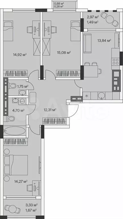 3-к. квартира, 80,6 м, 3/7 эт. - Фото 1