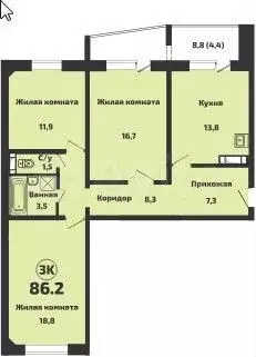 3-к. квартира, 86,2 м, 12/13 эт. - Фото 0