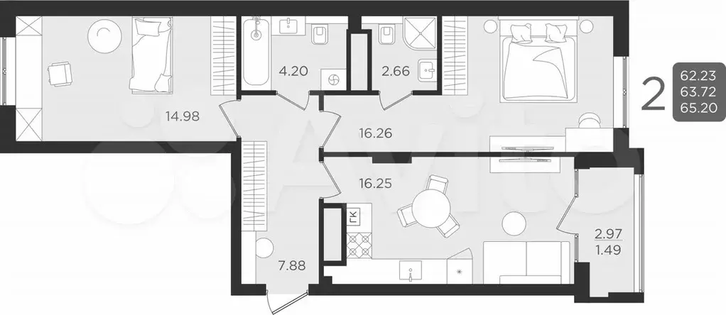 2-к. квартира, 64 м, 3/9 эт. - Фото 1