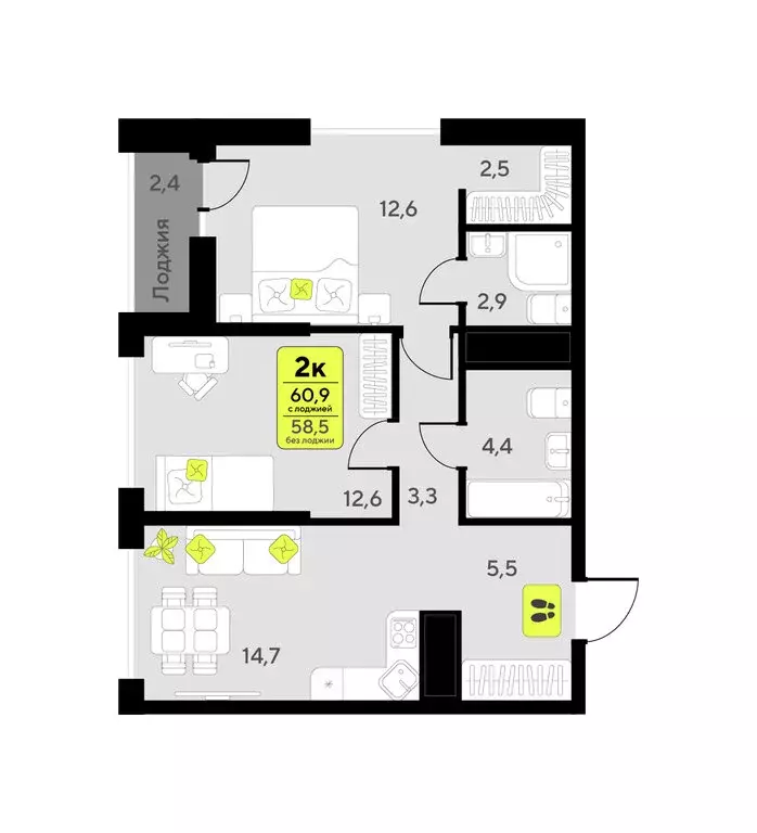 2-комнатная квартира: Тюмень, улица Андрея Приказнова, 1 (60.9 м) - Фото 0