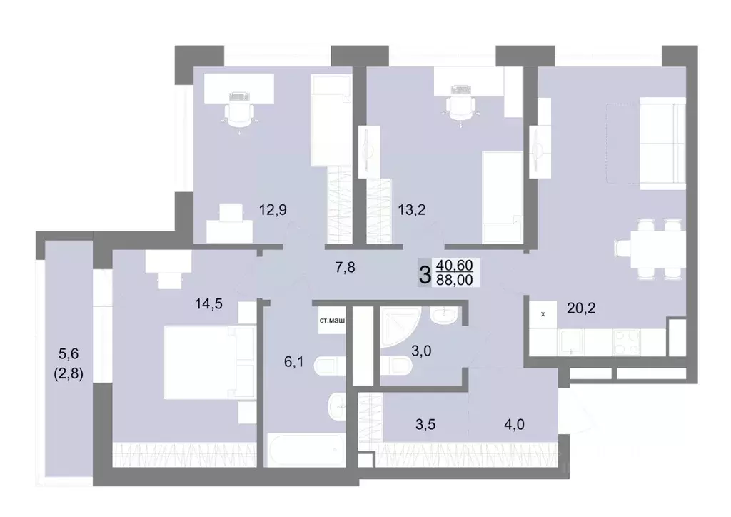 3-к кв. Свердловская область, Екатеринбург ул. Семена Лагоды, 80 (88.0 ... - Фото 1