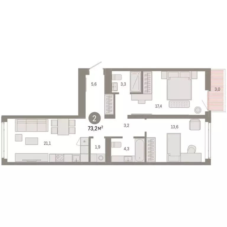 2-комнатная квартира: Тюмень, улица Республики, 205к3 (73.18 м) - Фото 2