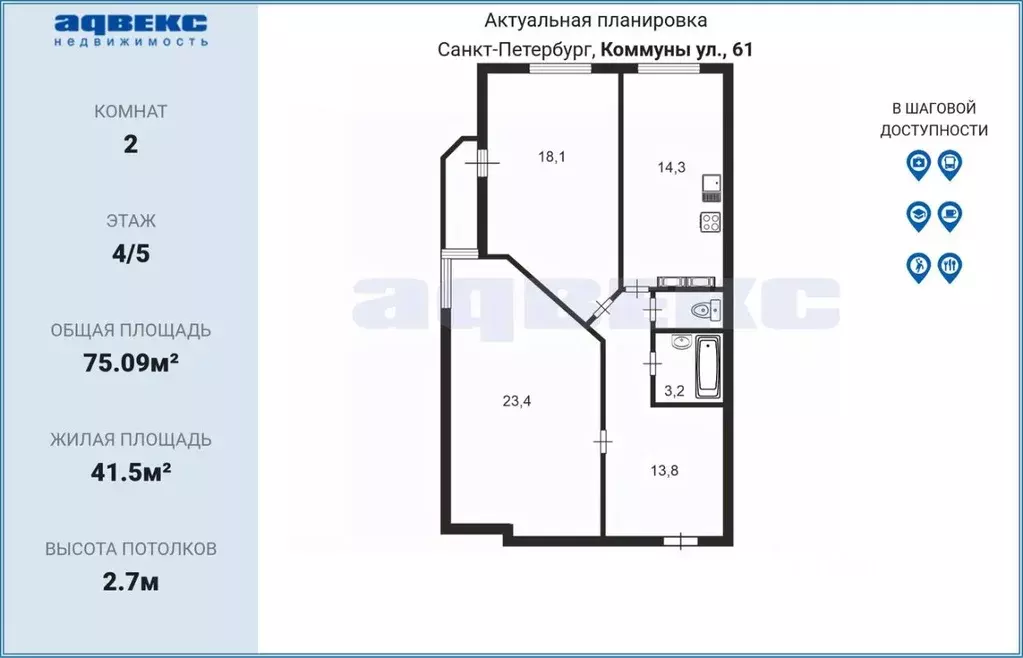 2-к кв. Санкт-Петербург ул. Коммуны, 61 (75.09 м) - Фото 2