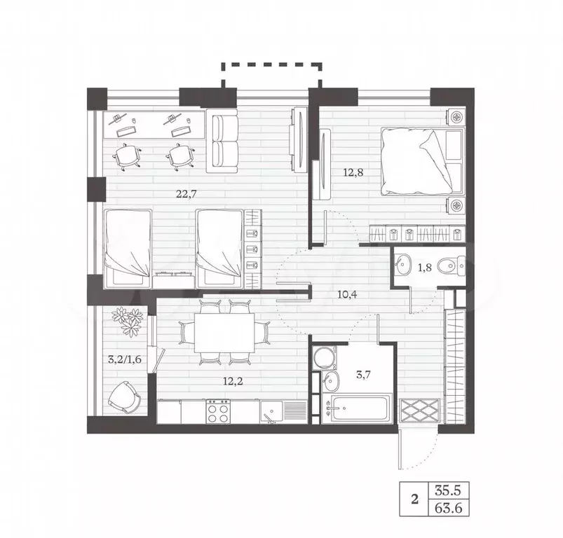 2-к. квартира, 63,6 м, 4/8 эт. - Фото 0