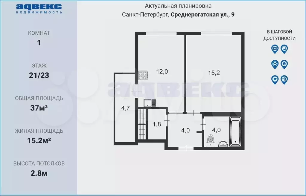 1-к. квартира, 37 м, 21/23 эт. - Фото 1