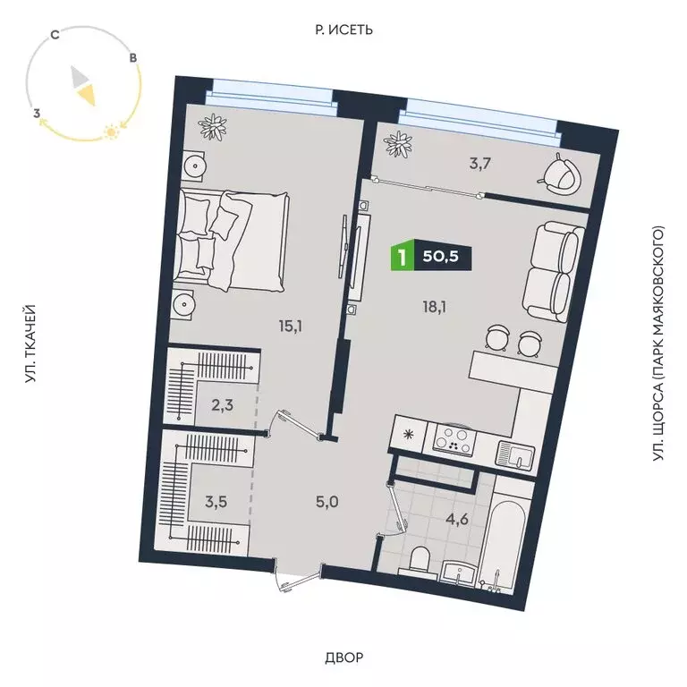 1-комнатная квартира: Екатеринбург, Машинная улица, 1В/3 (50.7 м) - Фото 1
