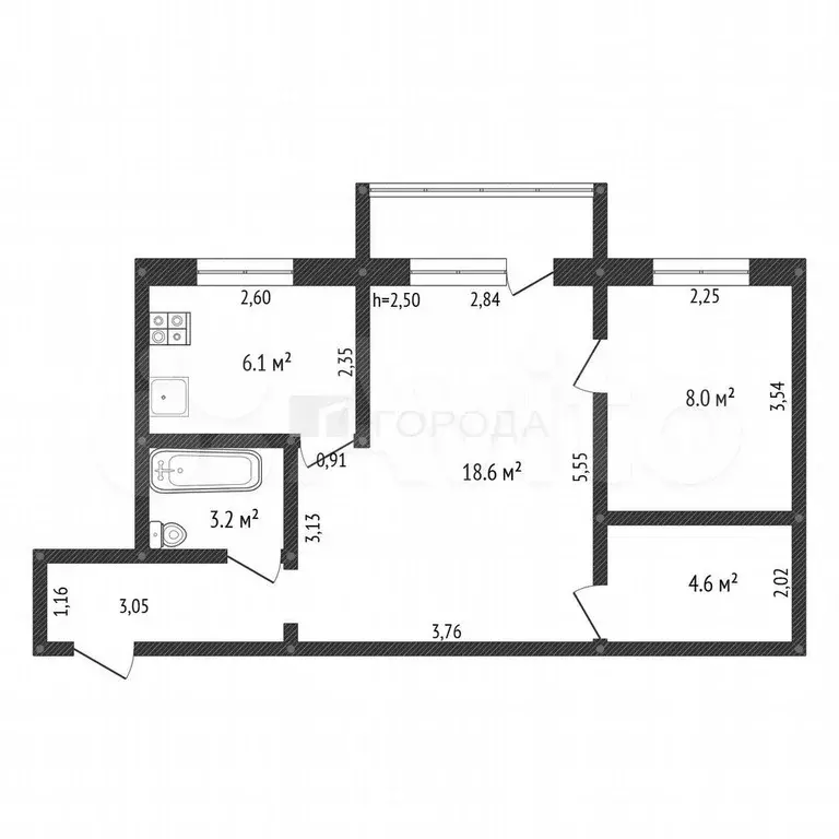 2-к. квартира, 60,1 м, 2/4 эт. - Фото 1