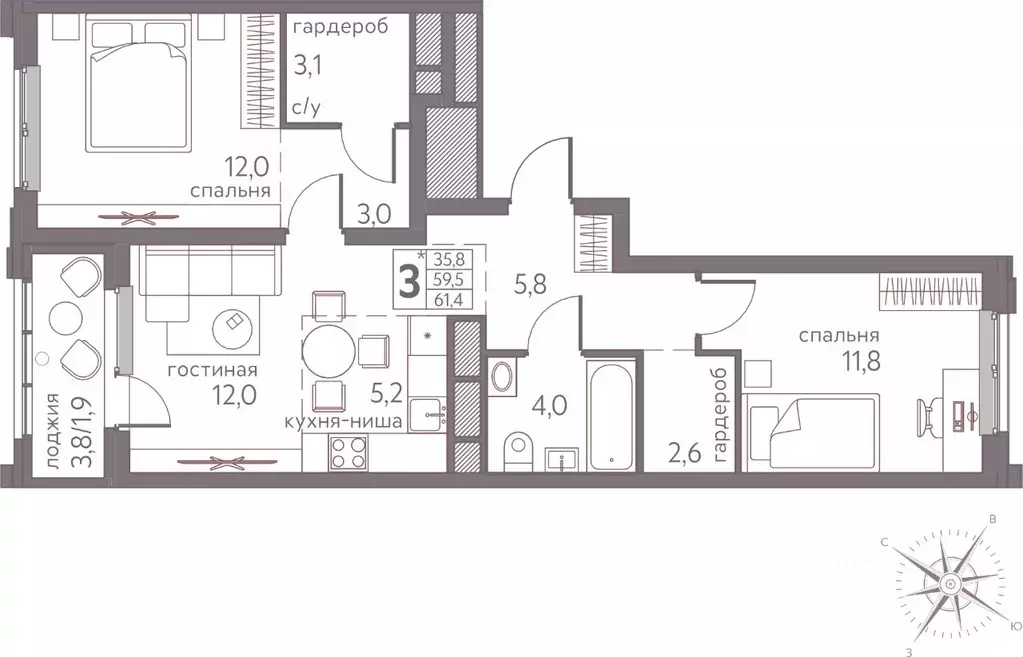 Студия Пермский край, Пермь ул. Серебристая, 3 (61.4 м) - Фото 1